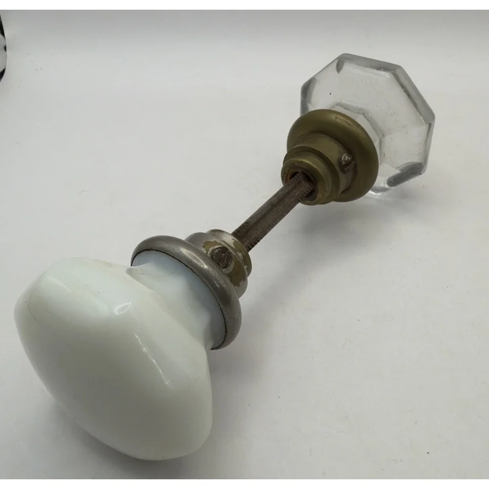 2 Antique  8 Point Glass Door Knobs - 1 white milk glass, 1 Clear, With Rod